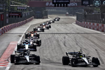 (L to R): George Russell (GBR) Mercedes AMG F1 W14 and Lewis Hamilton (GBR) Mercedes AMG F1 W14 battle for position.