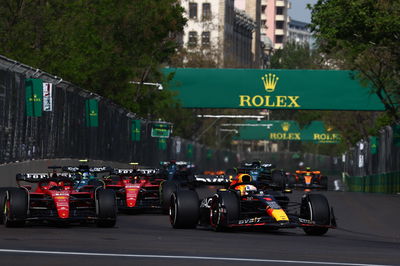 (L to R): Charles Leclerc (MON) Ferrari SF-23 and Max Verstappen (NLD) Red Bull Racing RB19 battle for position. Formula 1