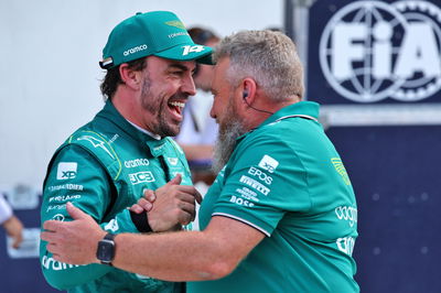 Fernando Alonso (ESP) Aston Martin F1 Team celebrates his second position in qualifying parc ferme with the team. Formula