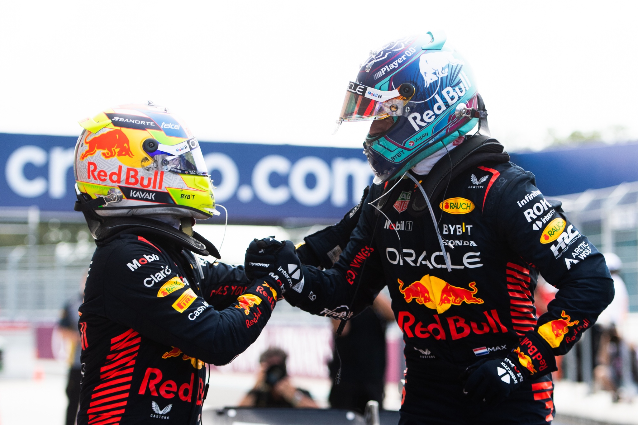 2nd place Sergio Perez (MEX) Red Bull Racing with 1st place Max Verstappen (NLD) Red Bull Racing. Formula 1 World
