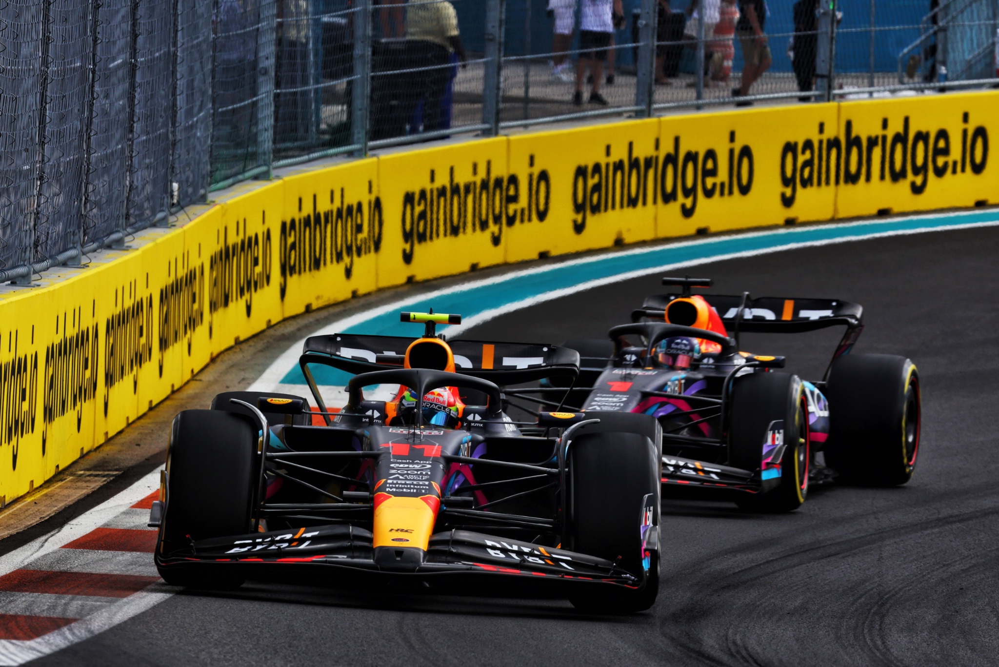 Sergio Perez (MEX) Red Bull Racing RB19 leads team mate Max Verstappen (NLD) Red Bull Racing RB19. Formula 1 World