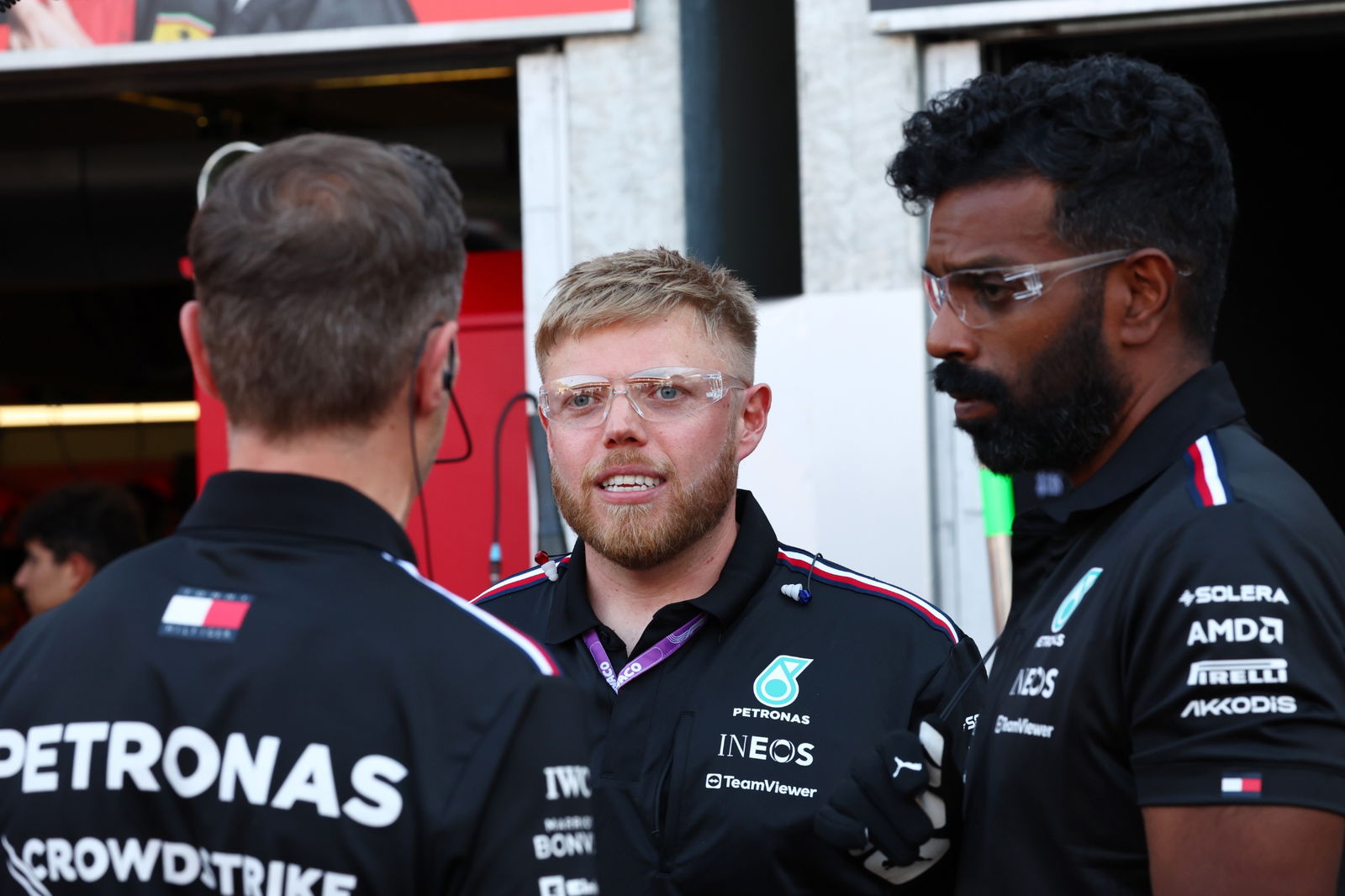 Romesh Ranganathan (GBR) Comedian and Rob Beckett (GBR) Comedian practice a pit stop with Mercedes AMG F1. Formula 1 World