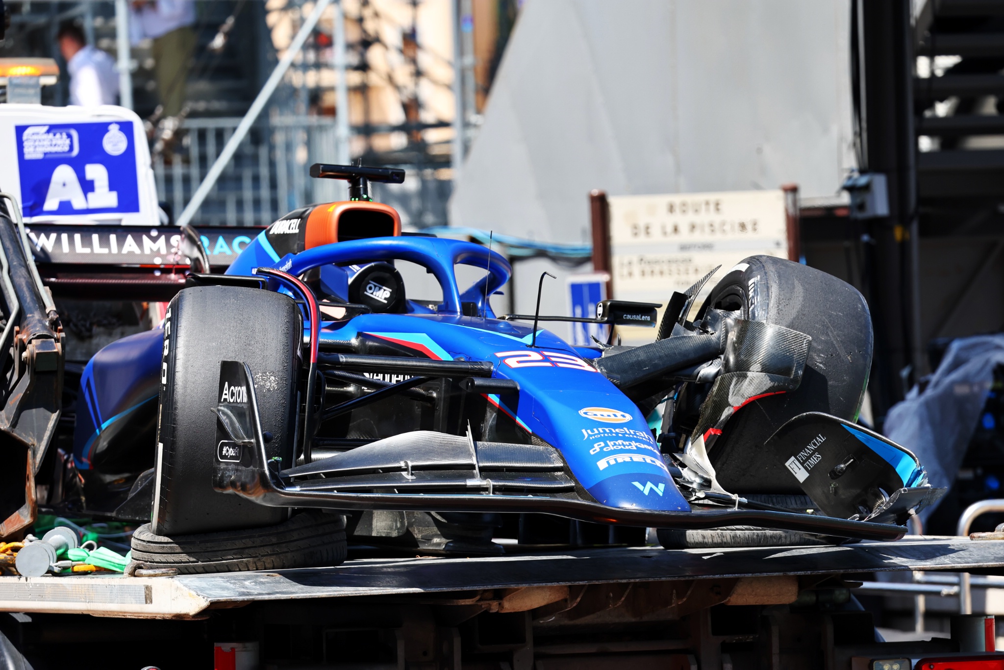 The Williams Racing FW45 of Alexander Albon (THA) Williams Racing is recovered back to the pits on the back of a truck.