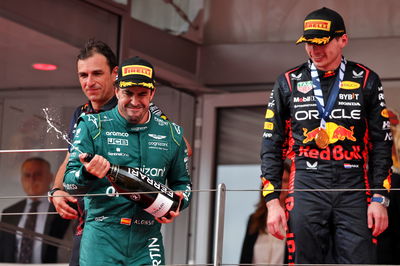 Fernando Alonso (ESP) Aston Martin F1 Team celebrates his second position on the podium. Formula 1 World Championship, Rd