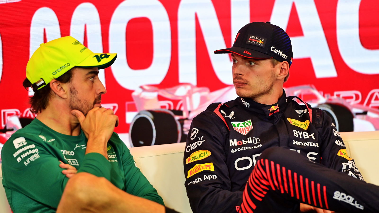 (L to R): Fernando Alonso (ESP) Aston Martin F1 Team and Max Verstappen (NLD) Red Bull Racing in the post race FIA Press