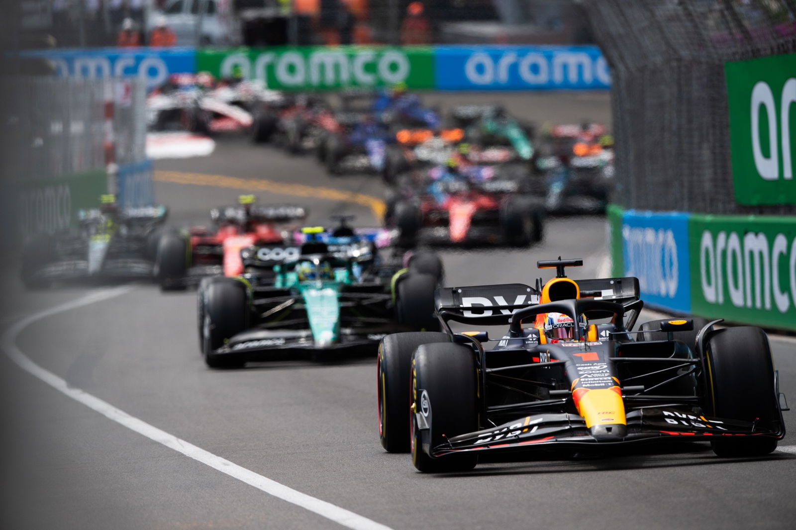Max Verstappen (NLD) Red Bull Racing RB19 leads at the start of the race. Formula 1 World Championship, Rd 7, Monaco Grand