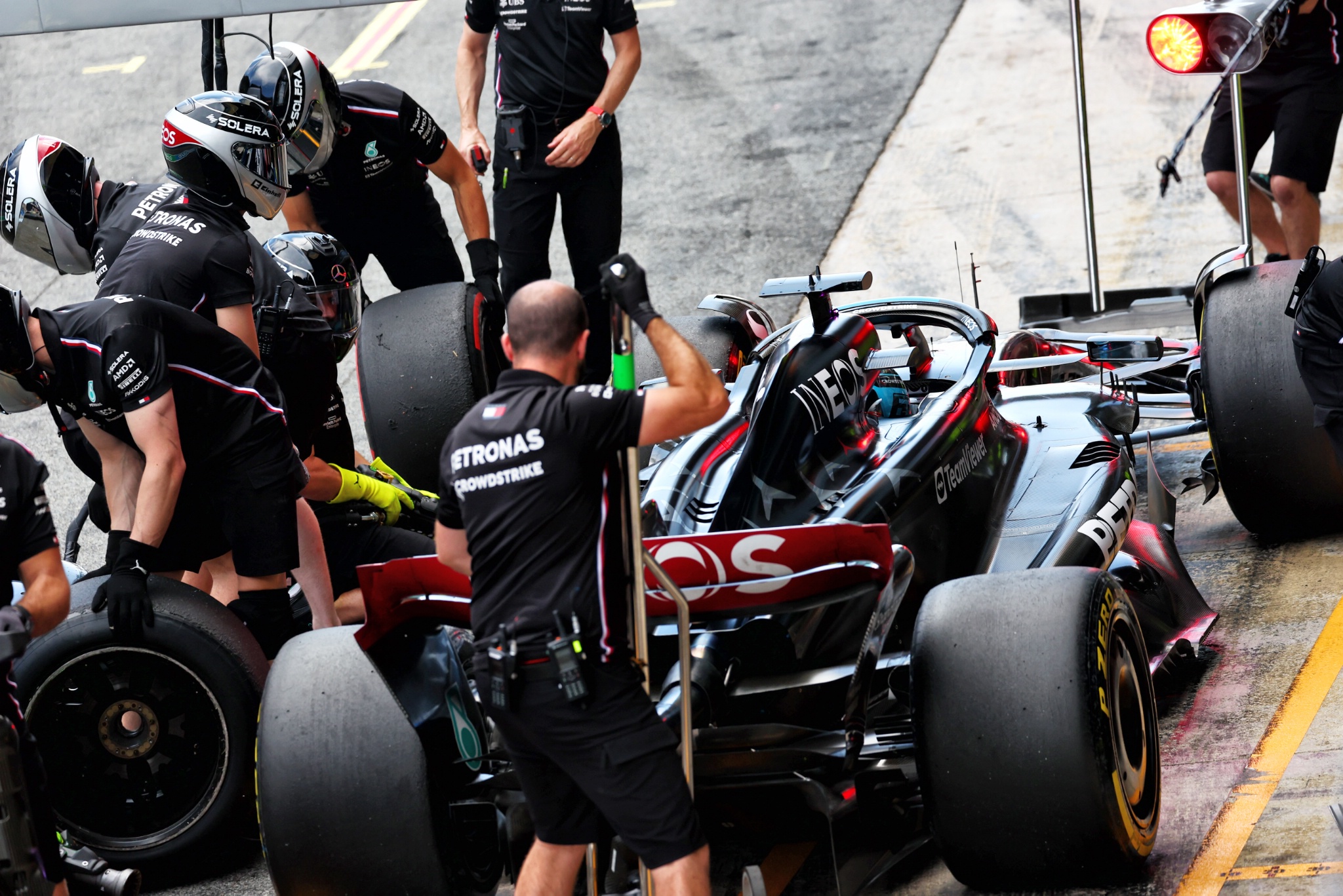 George Russell (GBR) Mercedes AMG F1 W14 practices a pit stop. Formula 1 World Championship, Rd 8, Spanish Grand Prix,