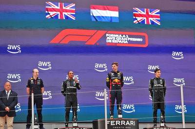 The podium (L to R): Lewis Hamilton (GBR) Mercedes AMG F1, second; Max Verstappen (NLD) Red Bull Racing, race winner; George