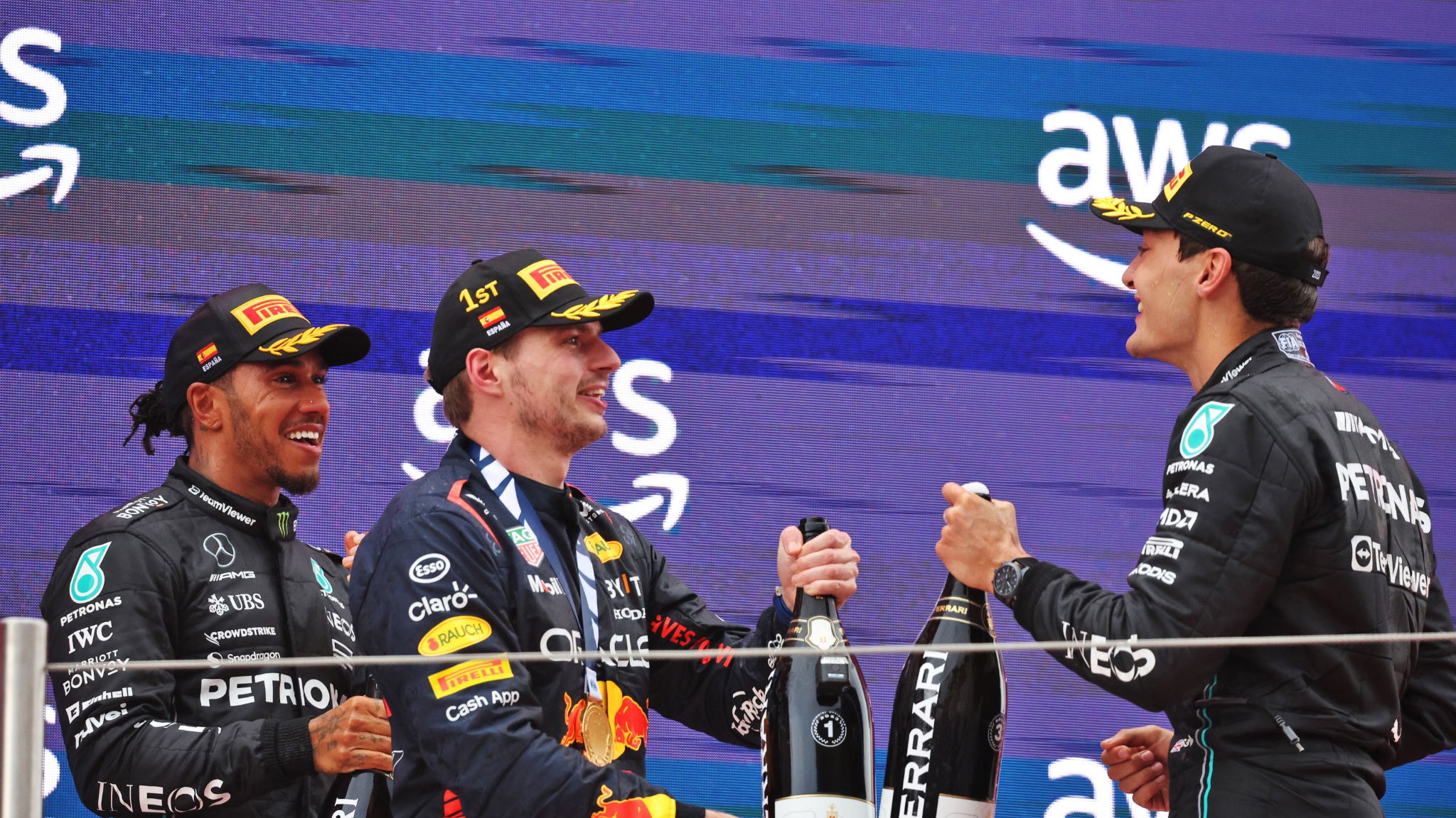 The podium (L to R): Lewis Hamilton (GBR) Mercedes AMG F1, second; Max Verstappen (NLD) Red Bull Racing, race winner; George