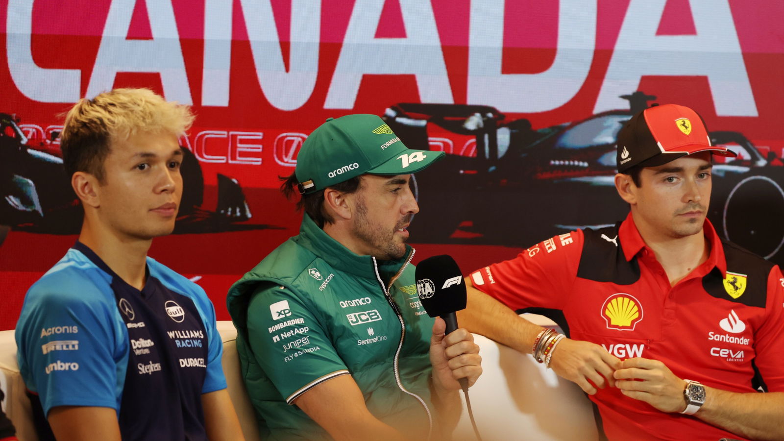 (L to R): Alexander Albon (THA) Williams Racing; Fernando Alonso (ESP) Aston Martin F1 Team; and Charles Leclerc (MON)