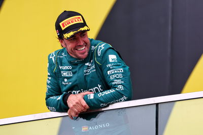 Fernando Alonso (ESP) Aston Martin F1 Team celebrates his second position on the podium. Formula 1 World Championship, Rd