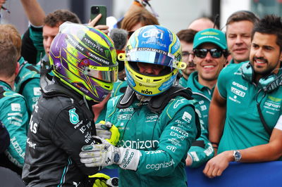 (L to R): Second placed Lewis Hamilton (GBR) Mercedes AMG F1 with third placed Fernando Alonso (ESP) Aston Martin F1 Team in