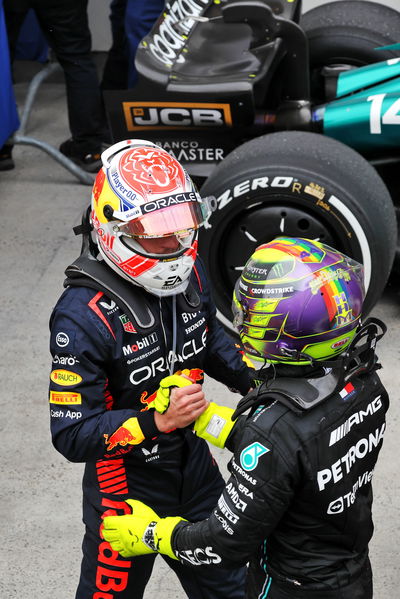 (L to R): Race winner Max Verstappen (NLD) Red Bull Racing celebrates with third placed Lewis Hamilton (GBR) Mercedes AMG F1