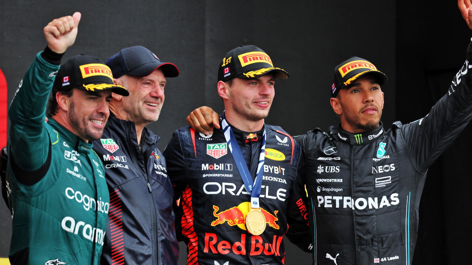 The podium (L to R): Fernando Alonso (ESP) Aston Martin F1 Team, second; Adrian Newey (GBR) Red Bull Racing Chief Technical