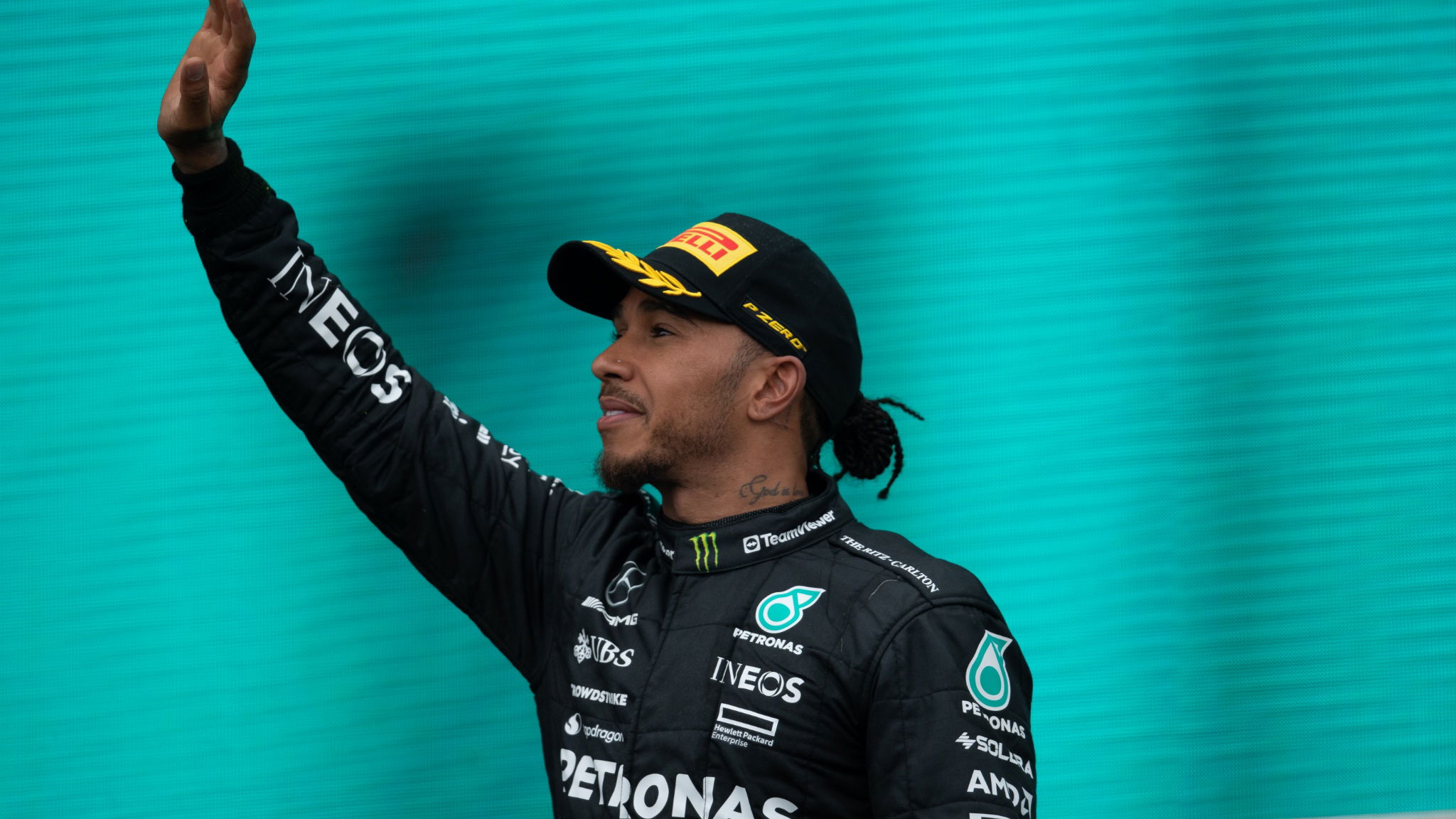 Lewis Hamilton (GBR) Mercedes AMG F1 celebrates his third position on the podium. Formula 1 World Championship, Rd 9,