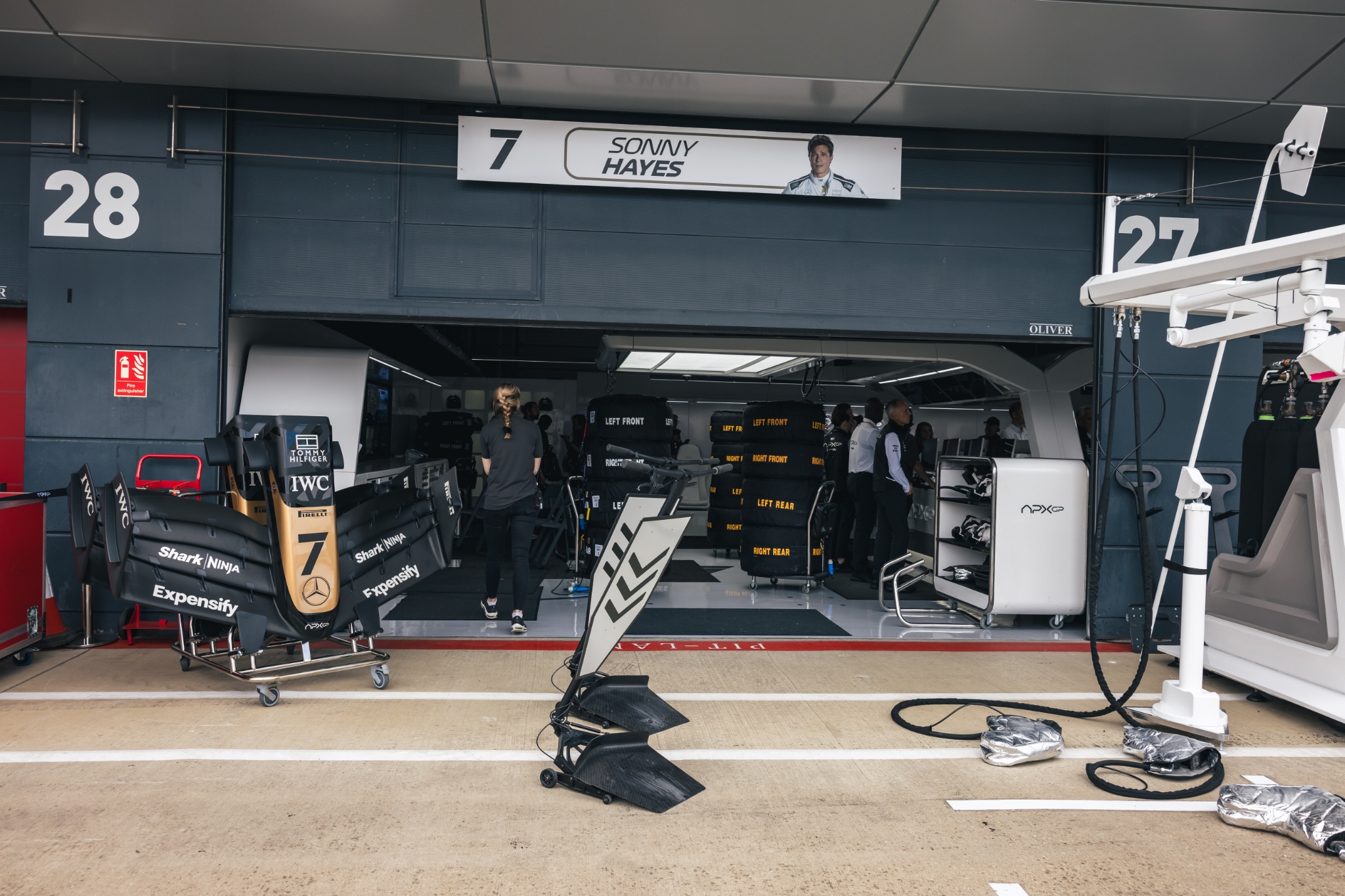 The fictional APXGP pit garages, in place for the forthcoming Apple movie Formula 1 World Championship, Rd 11, British