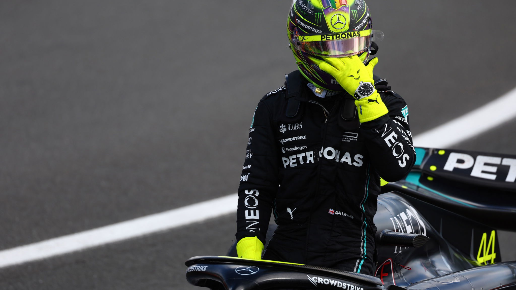 Lewis Hamilton (GBR) Mercedes AMG F1 W14 celebrates his third position in parc ferme. Formula 1 World Championship, Rd 11,