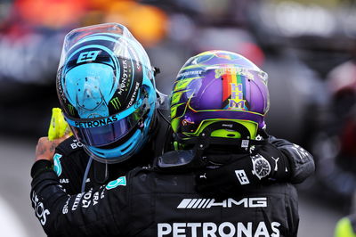 Lewis Hamilton (GBR) Mercedes AMG F1 celebrates his third position with team mate George Russell (GBR) Mercedes AMG F1.