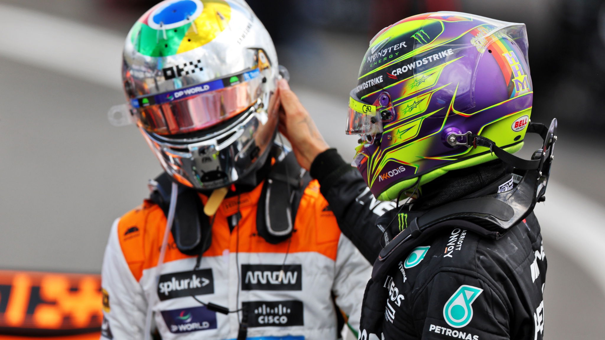 Third placed Lewis Hamilton (GBR) Mercedes AMG F1 in parc ferme with second placed Lando Norris (GBR) McLaren. Formula 1