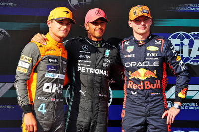 Qualifying top three in parc ferme (L to R): Lando Norris (GBR) McLaren, third; Lewis Hamilton (GBR) Mercedes AMG F1, pole