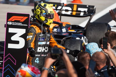 Lando Norris (GBR) McLaren celebrates his second position in parc ferme with the team. Formula 1 World Championship, Rd