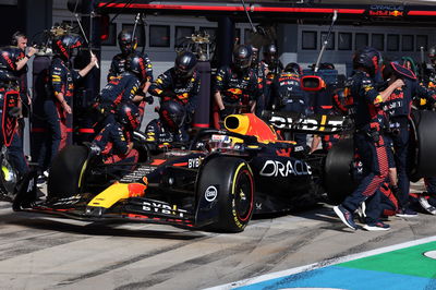 Max Verstappen (NLD) Red Bull Racing RB19 makes a pit stop. Formula 1 World Championship, Rd 12, Hungarian Grand Prix,