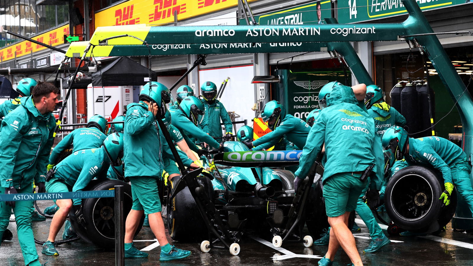 Aston Martin F1 Team practices a pit stop. Formula 1 World Championship, Rd 13, Belgian Grand Prix, Spa Francorchamps,