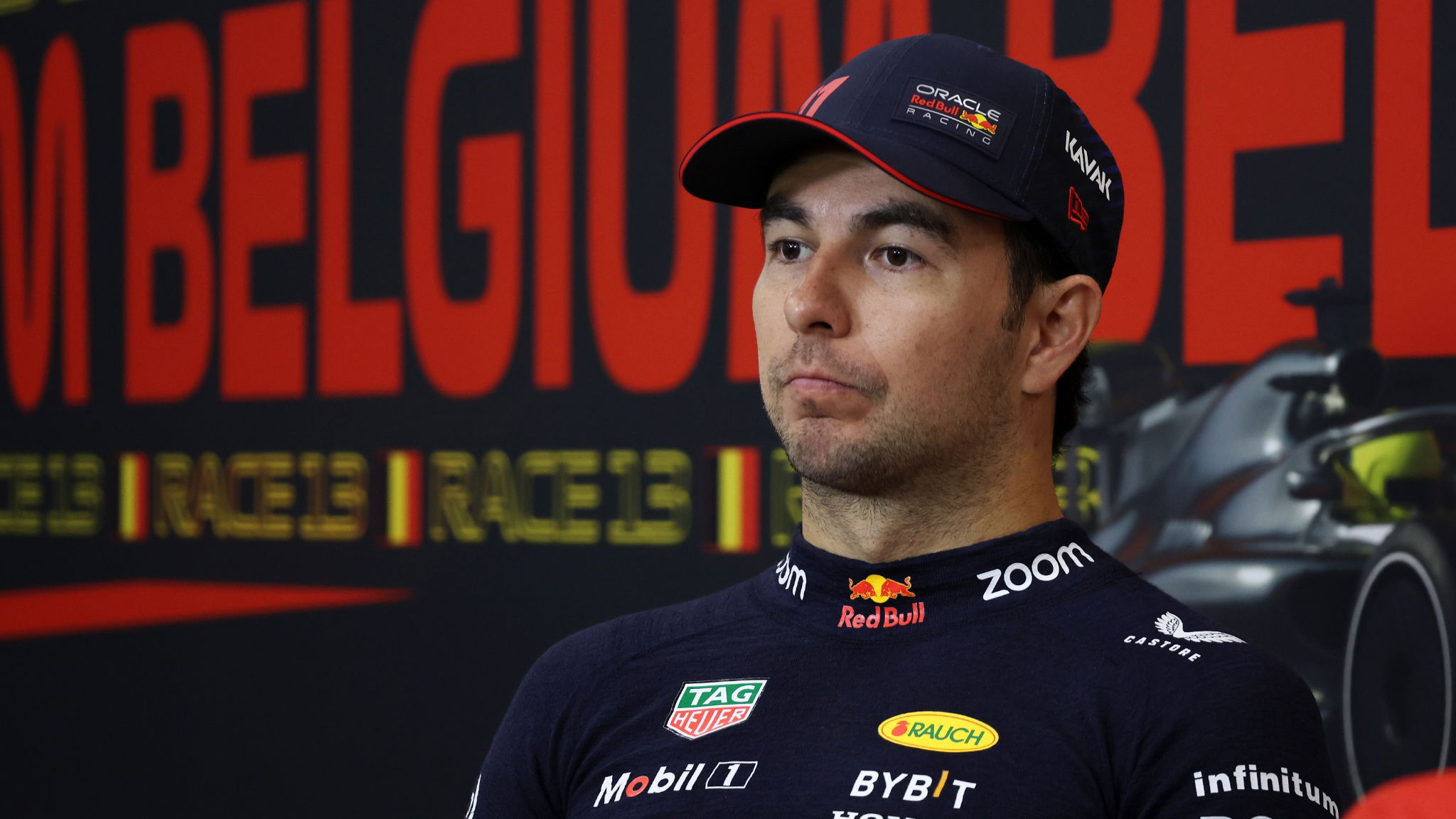 Sergio Perez (MEX) Red Bull Racing in the post race FIA Press Conference. Formula 1 World Championship, Rd 13, Belgian