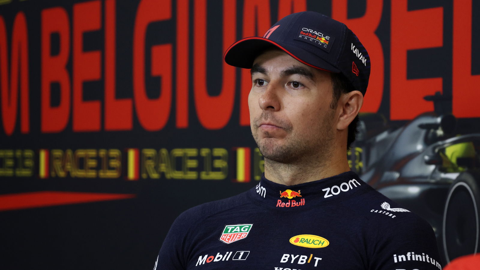 Sergio Perez (MEX) Red Bull Racing in the post race FIA Press Conference. Formula 1 World Championship, Rd 13, Belgian