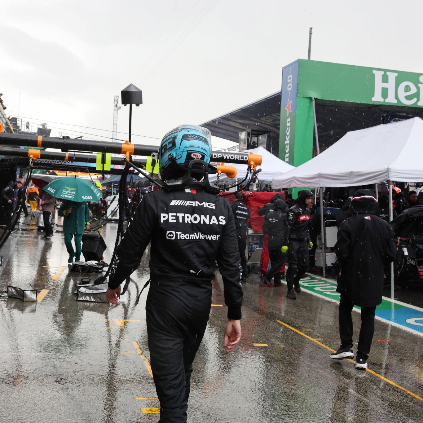 George Russell (GBR) Mercedes AMG F1 in the pits as the race is stopped. Formula 1 World Championship, Rd 14, Dutch Grand