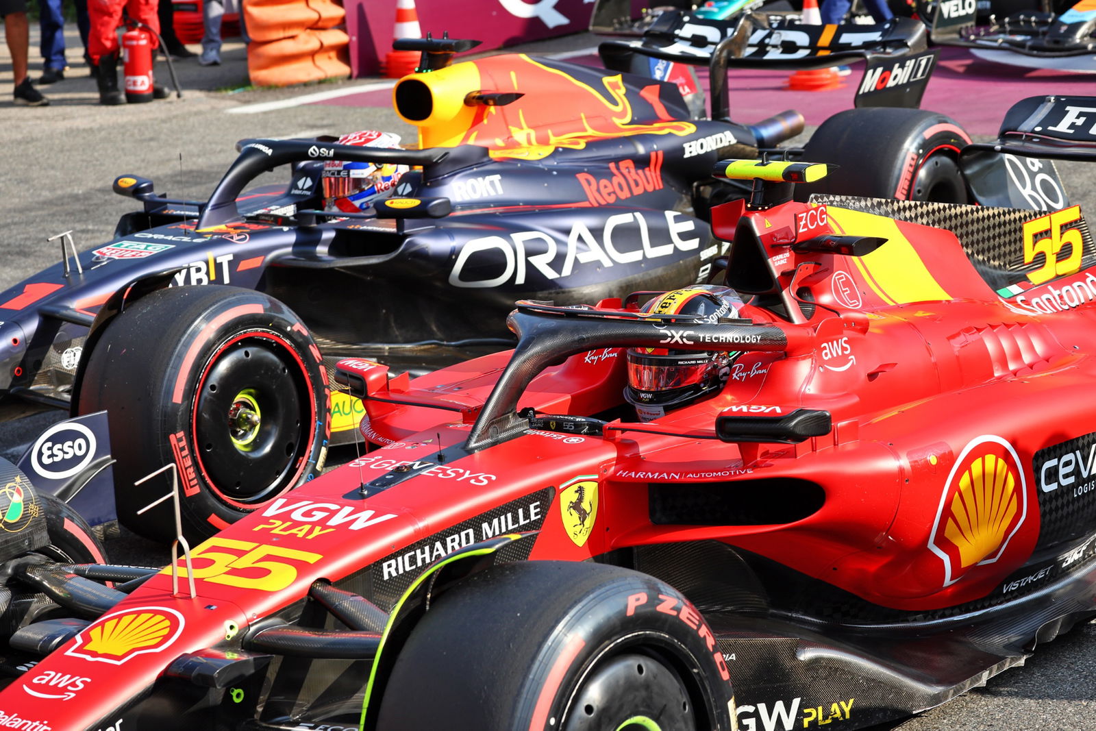 Carlos Sainz Jr (ESP) Ferrari SF-23 and Max Verstappen (NLD) Red Bull Racing RB19 in qualifying parc ferme. Formula 1