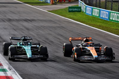 Lance Stroll (CDN) Aston Martin F1 Team AMR23 and Oscar Piastri (AUS) McLaren MCL60 battle for position. Formula 1 World