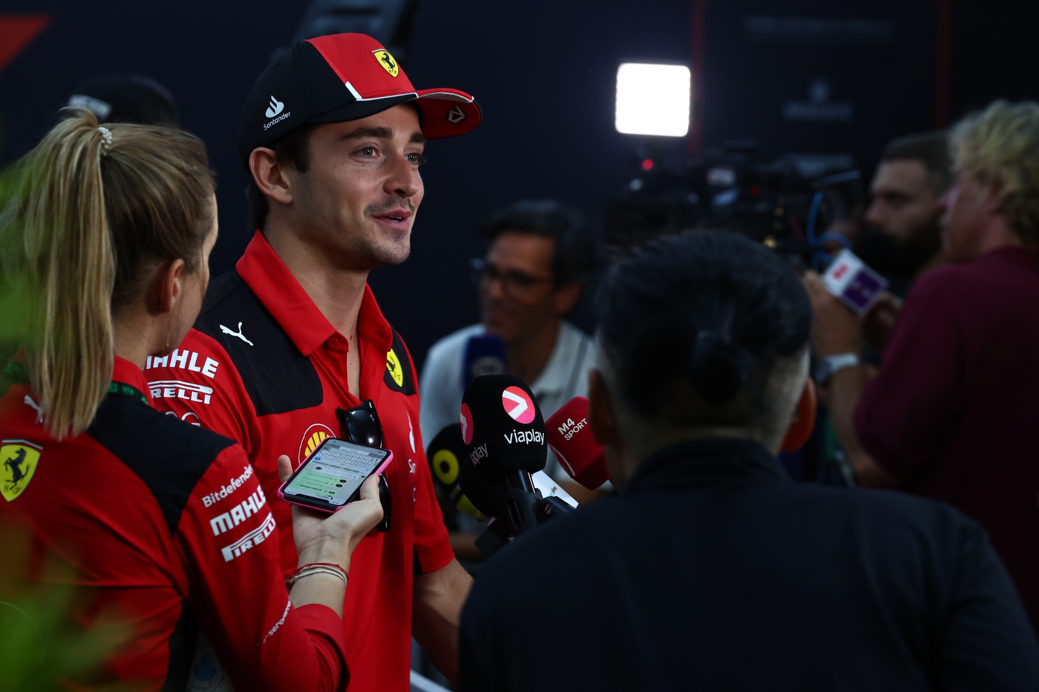 Charles Leclerc (MON) Ferrari with the media. Formula 1 World Championship, Rd 16, Singapore Grand Prix, Marina Bay Street