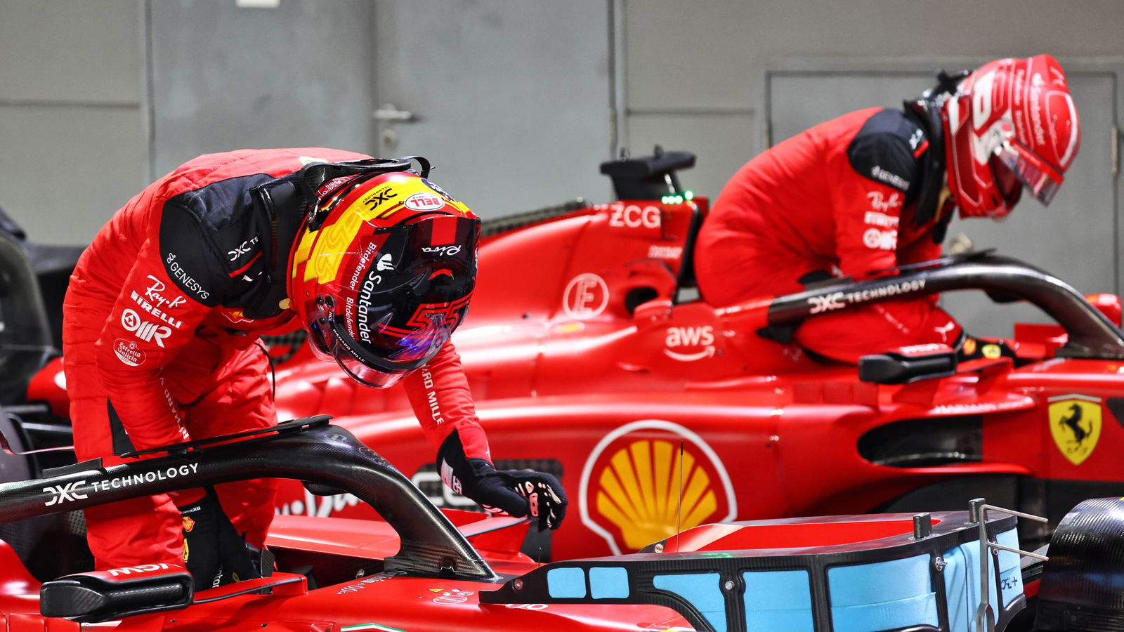 Pole sitter Carlos Sainz Jr (ESP) Ferrari and team mate Charles Leclerc (MON) Ferrari in qualifying parc ferme. Formula 1