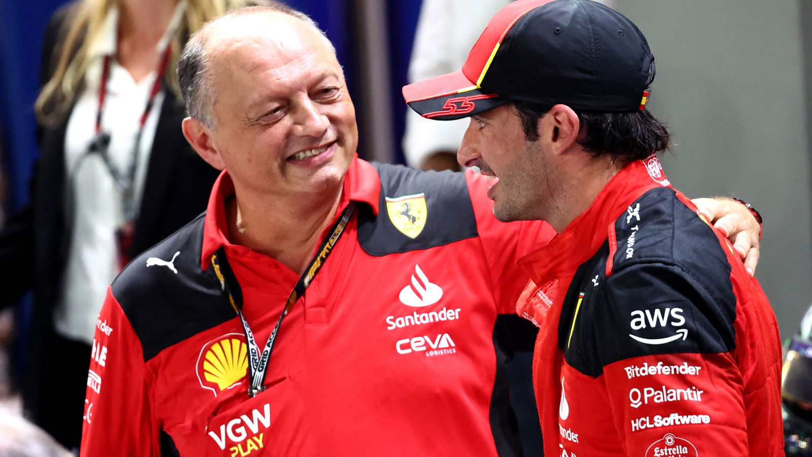 Frederic Vasseur (FRA) Ferrari Team Principal with 1st place Carlos Sainz Jr (ESP) Ferrari. Formula 1 World Championship,