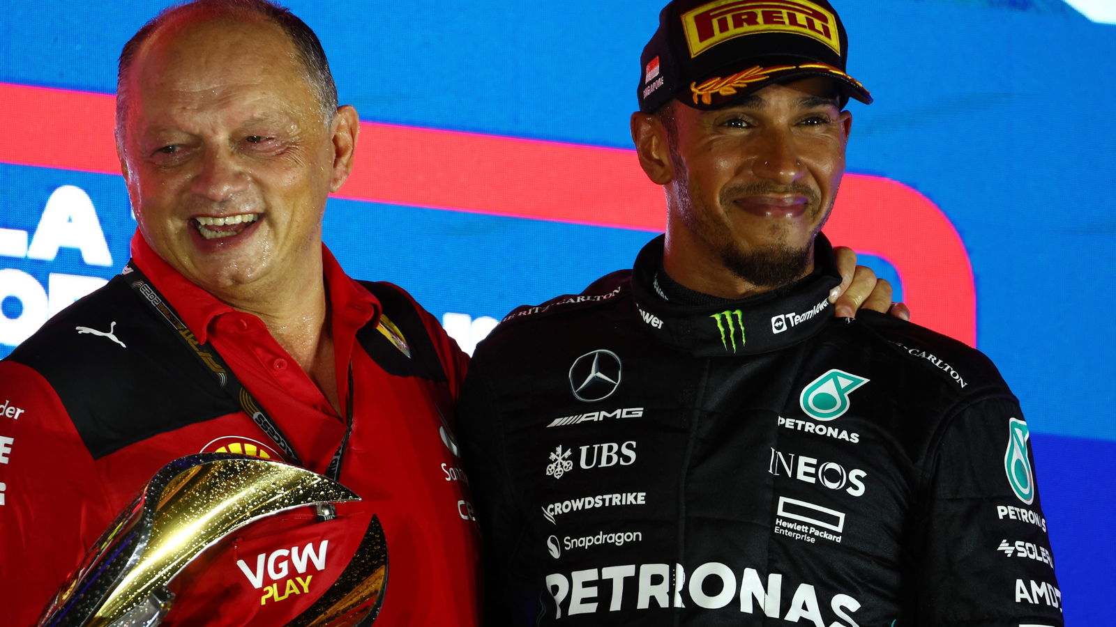 (L to R): Frederic Vasseur (FRA) Ferrari Team Principal and Lewis Hamilton (GBR) Mercedes AMG F1 on the grid. Formula 1