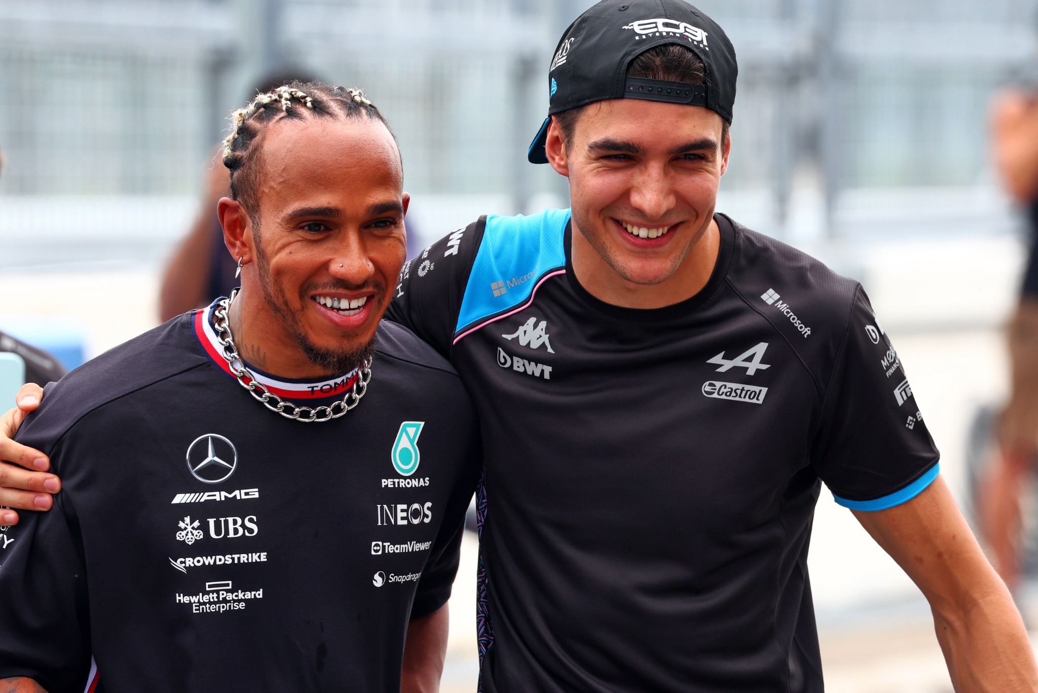 (L to R): Lewis Hamilton (GBR) Mercedes AMG F1 and Esteban Ocon (FRA) Alpine F1 Team with radio controlled cars. Formula 1