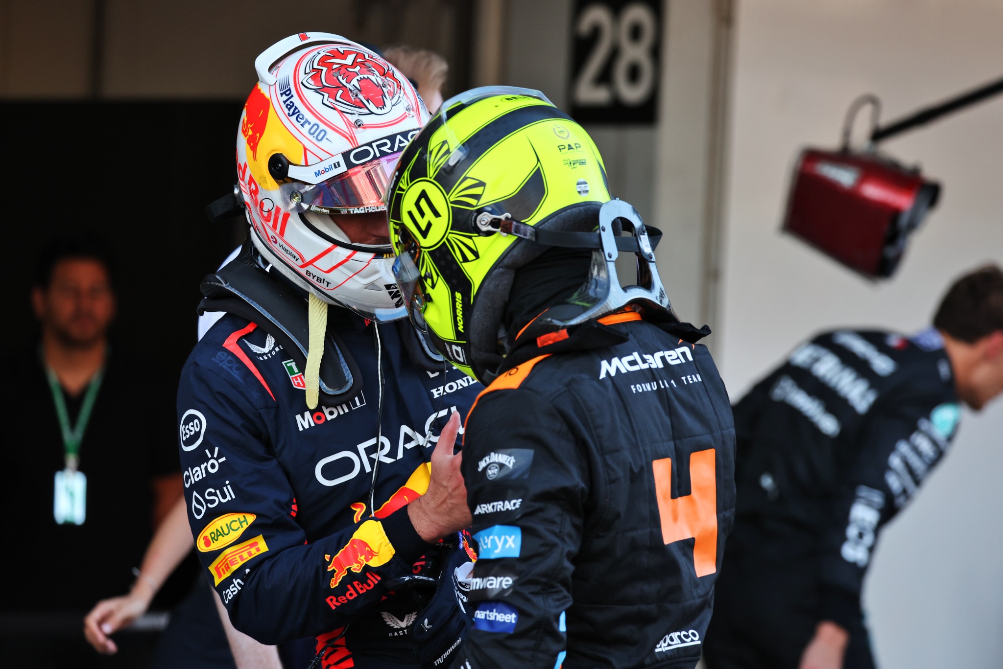 (L to R): Pole sitter Max Verstappen (NLD) Red Bull Racing in qualifying parc ferme with third placed Lando Norris (GBR)
