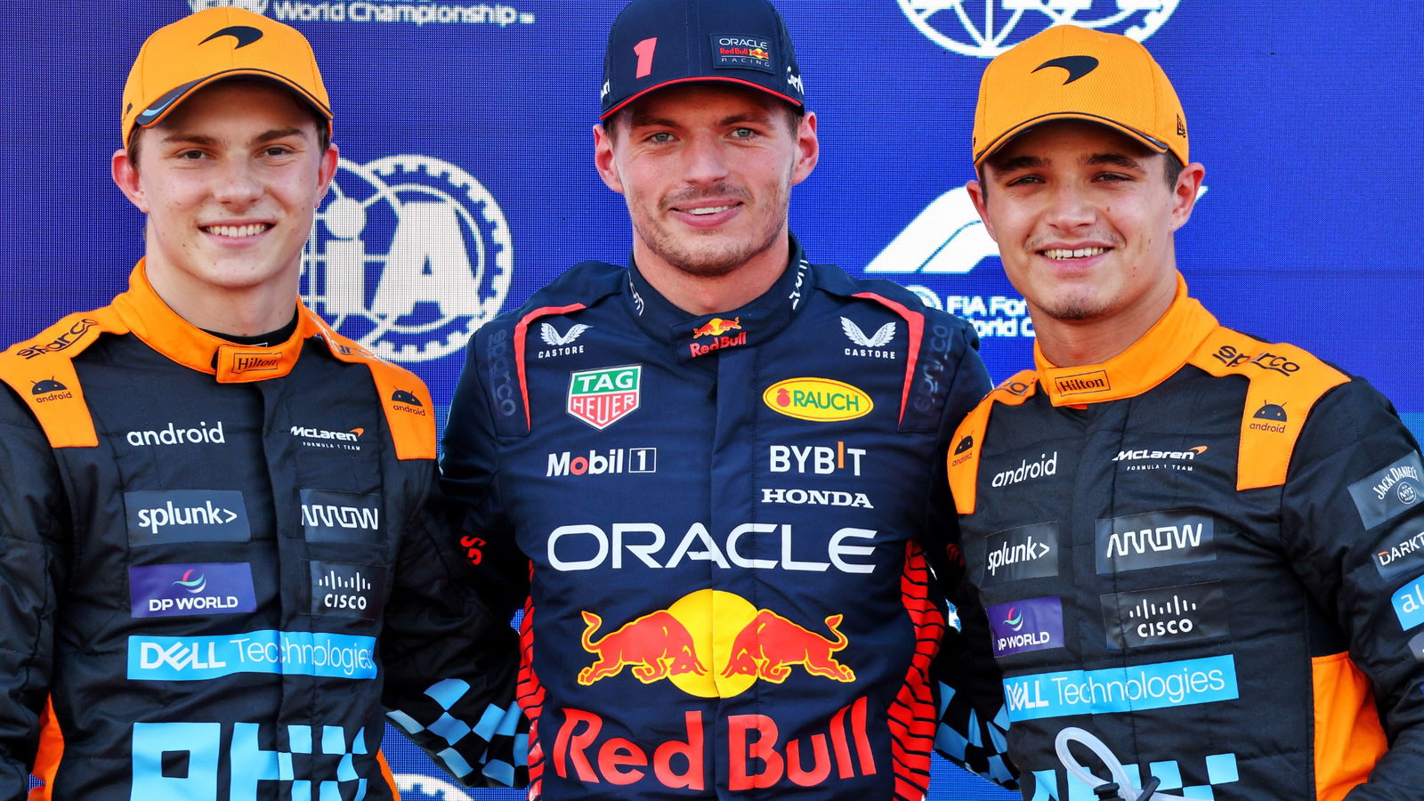 Qualifying top three in parc ferme (L to R): Oscar Piastri (AUS) McLaren, second; Max Verstappen (NLD) Red Bull Racing, pole