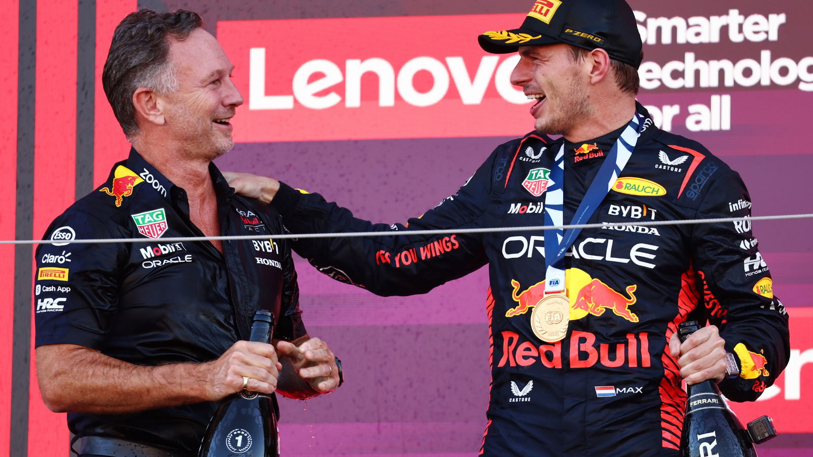 Christian Horner (GBR) Red Bull Racing Team Principal celebrates with 1st place Max Verstappen (NLD) Red Bull Racing.
