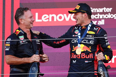 Christian Horner (GBR) Red Bull Racing Team Principal celebrates with 1st place Max Verstappen (NLD) Red Bull Racing.
