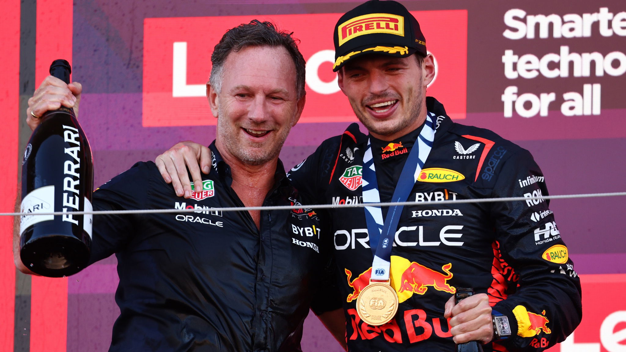 Christian Horner (GBR) Red Bull Racing Team Principal celebrates with 1st place Max Verstappen (NLD) Red Bull Racing.