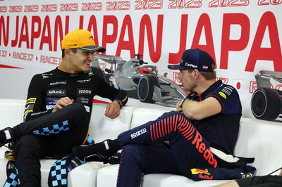 (L to R): Lando Norris (GBR) McLaren and Max Verstappen (NLD) Red Bull Racing in the post race FIA Press Conference.
