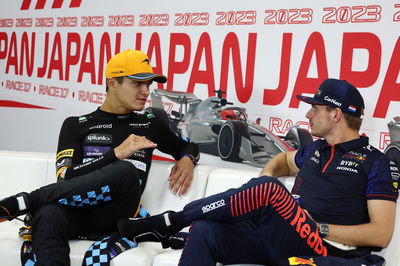 (L to R): Lando Norris (GBR) McLaren and Max Verstappen (NLD) Red Bull Racing in the post race FIA Press Conference.
