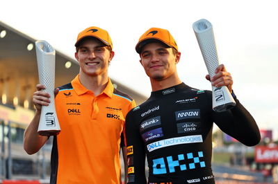 (L to R): Oscar Piastri (AUS) McLaren celebrates his third position second placed team mate Lando Norris (GBR) McLaren.