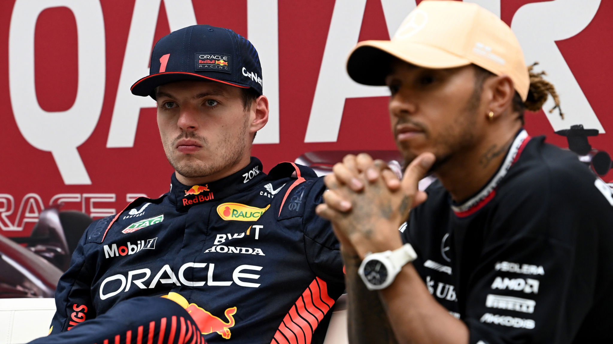 (L to R): Max Verstappen (NLD) Red Bull Racing and Lewis Hamilton (GBR) Mercedes AMG F1 in the post qualifying FIA Press