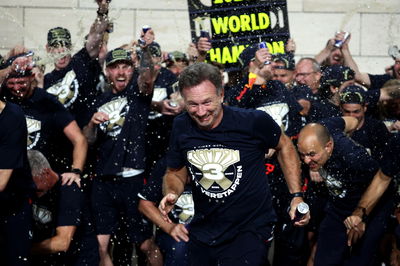 Christian Horner (GBR) Red Bull Racing Team Principal celebrates Max Verstappen (NLD) Red Bull Racing winning his third