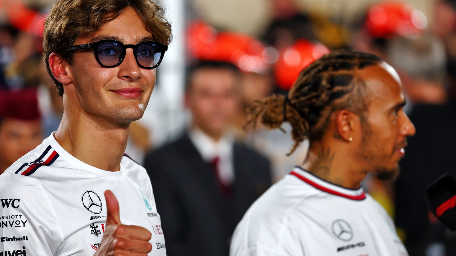 George Russell (GBR) Mercedes AMG F1 and Lewis Hamilton (GBR) Mercedes AMG F1 on the drivers' parade. Formula 1 World