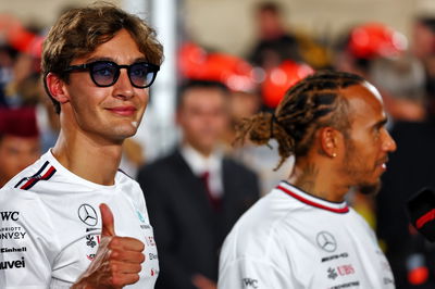 George Russell (GBR) Mercedes AMG F1 and Lewis Hamilton (GBR) Mercedes AMG F1 on the drivers' parade. Formula 1 World