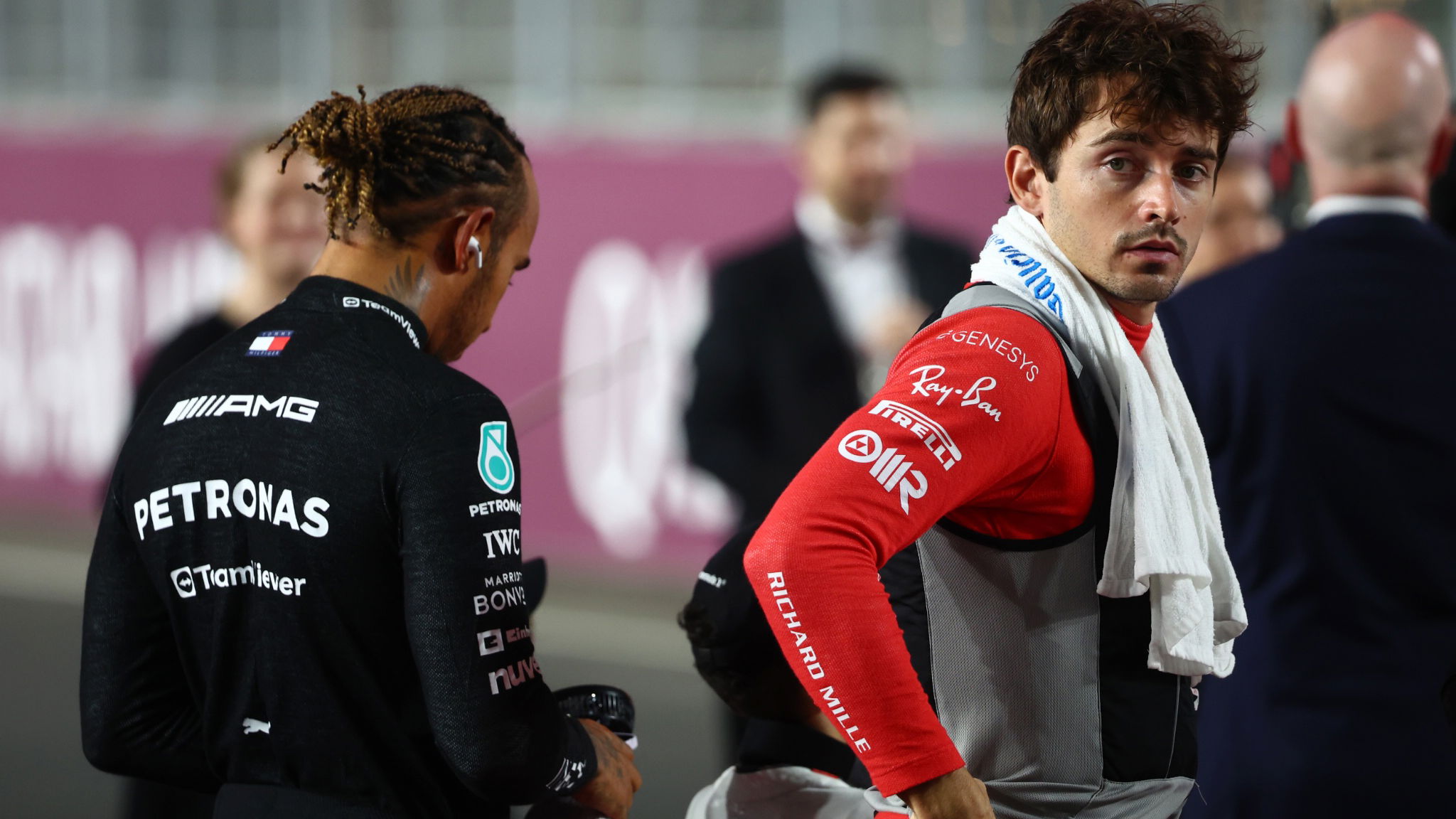(L to R): Lewis Hamilton (GBR) Mercedes AMG F1 with Charles Leclerc (MON) Ferrari on the drivers' parade. Formula 1 World